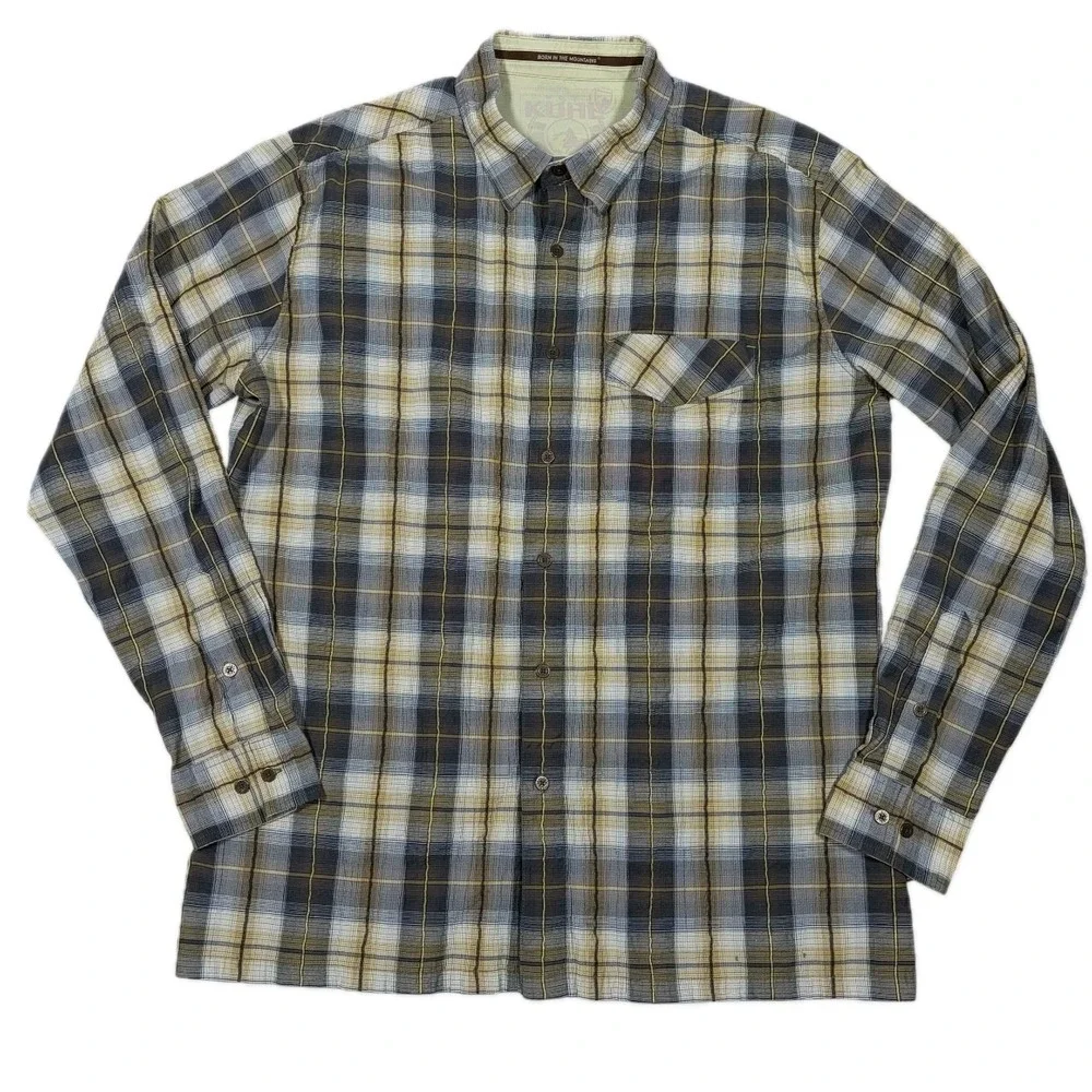 KUHL Shirt Men Large Plaid Crinkle Cotton Long‎ Sleeve Button Up Hiking Camping